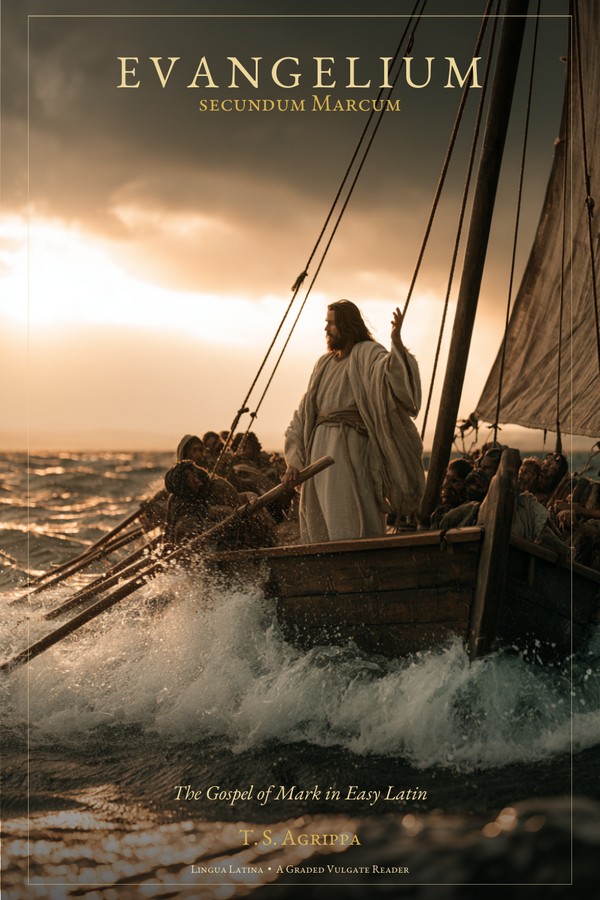 Evangelium secundum Marcum — The Gospel of Mark in Easy Latin, book cover: Christ standing in the boat on the storm-tossed Sea of Galilee