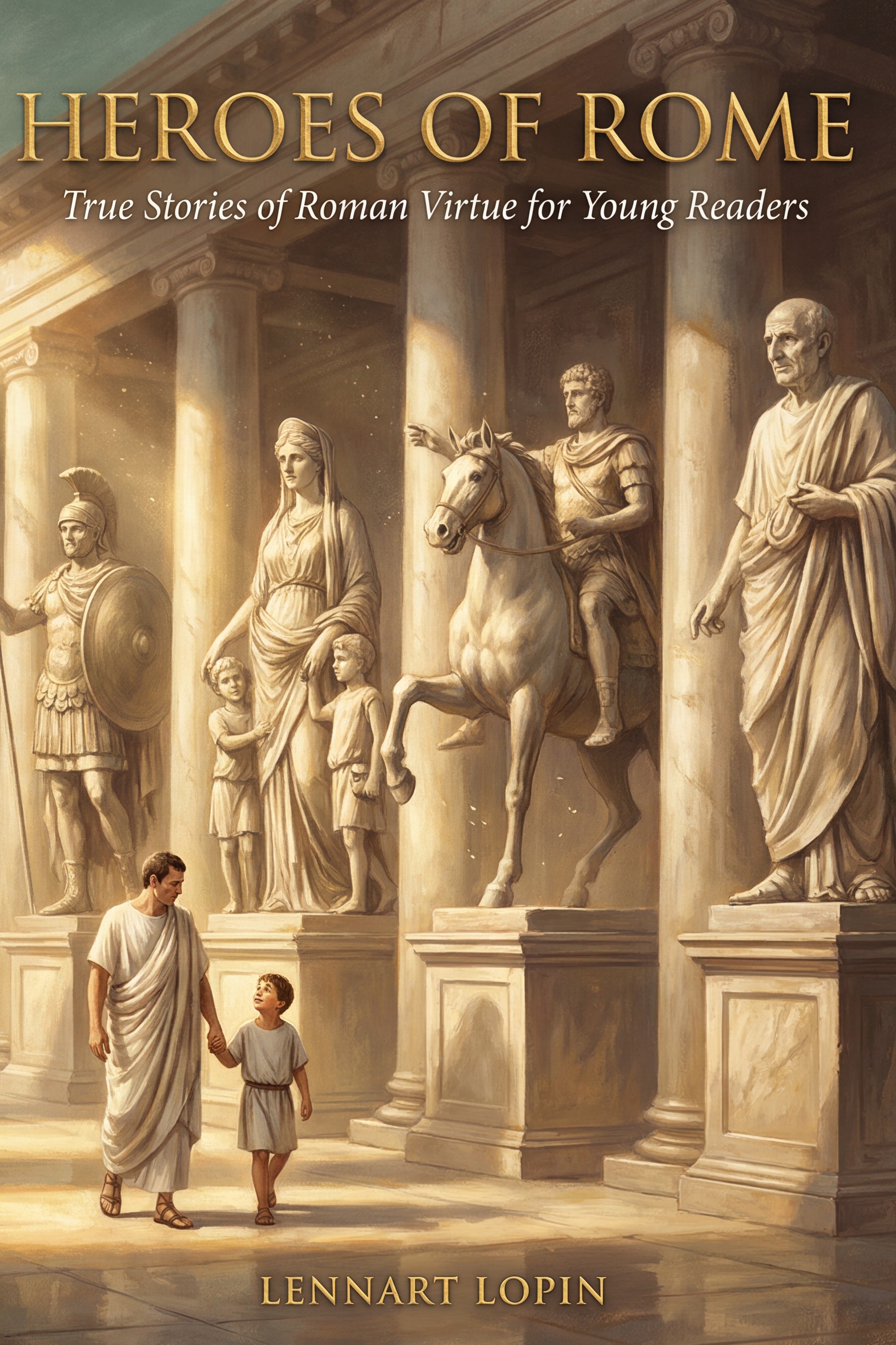 Heroes of Rome book cover — a father and son walk hand in hand through a golden hall of Roman hero statues