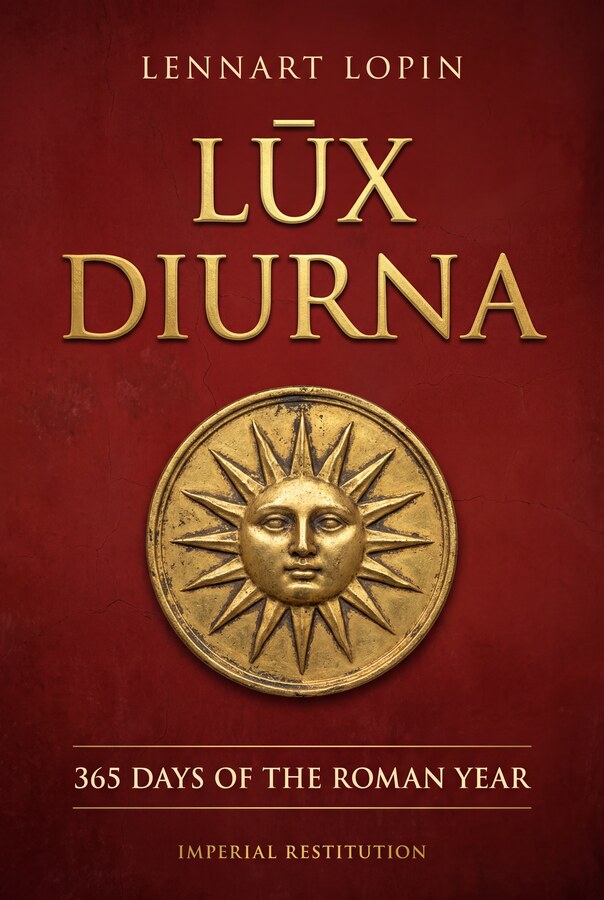 Lux Diurna book cover — gold lettering and a Sol medallion on Pompeiian red