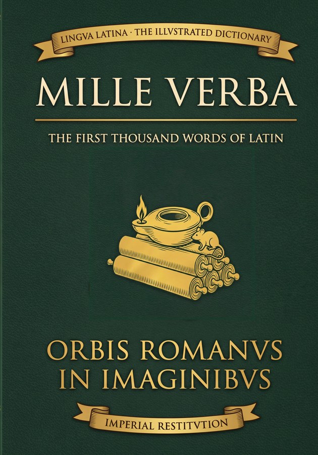 Mille Verba book cover — gold-engraved oil lamp and scrolls on deep laurel-green leather, with a small mouse beside the flame