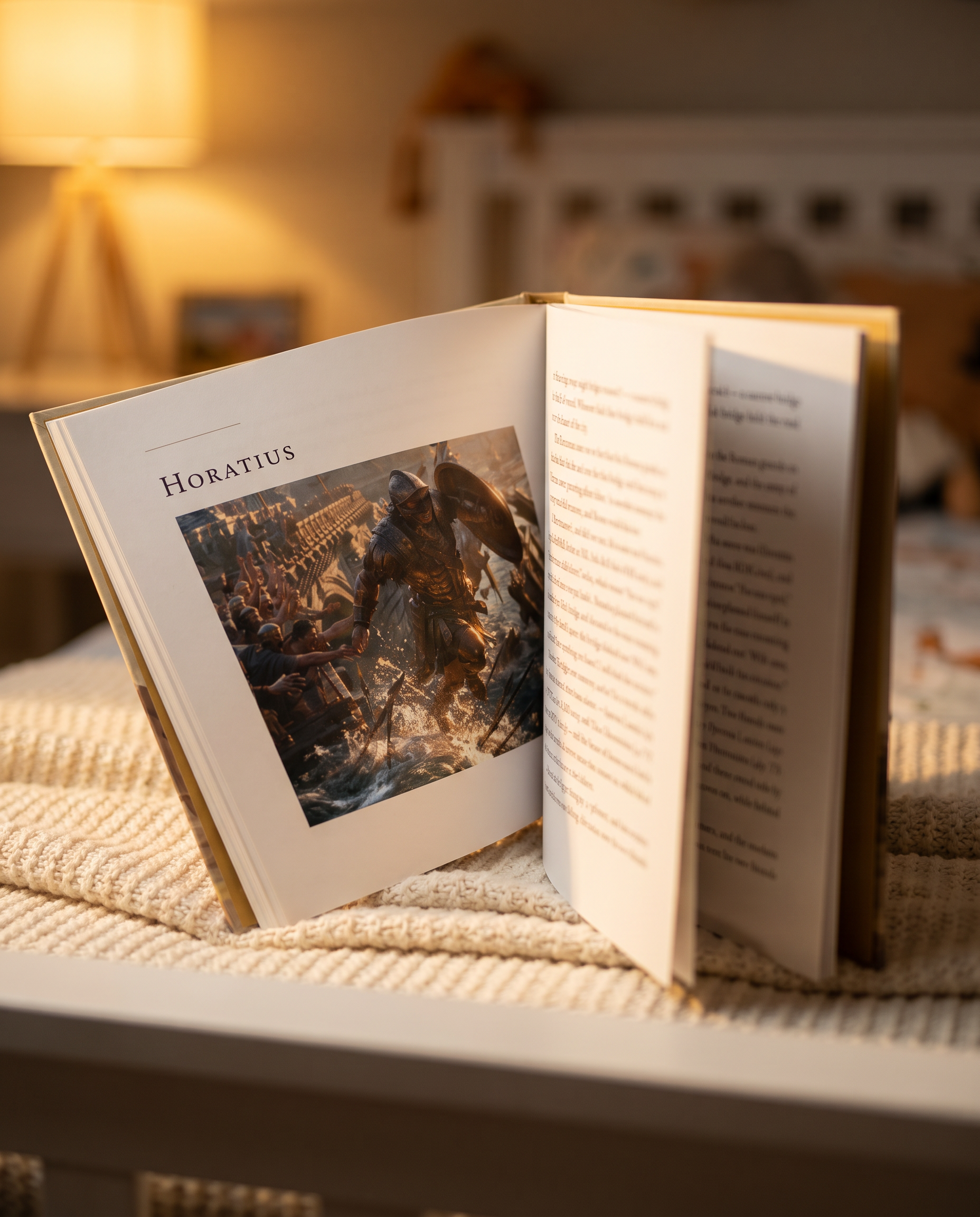 Heroes of Rome open to the Horatius chapter on a child's bed at read-aloud hour