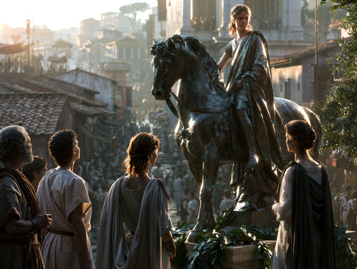 Heroes of Rome interior art — Romans admiring the equestrian statue of the girl hero Cloelia